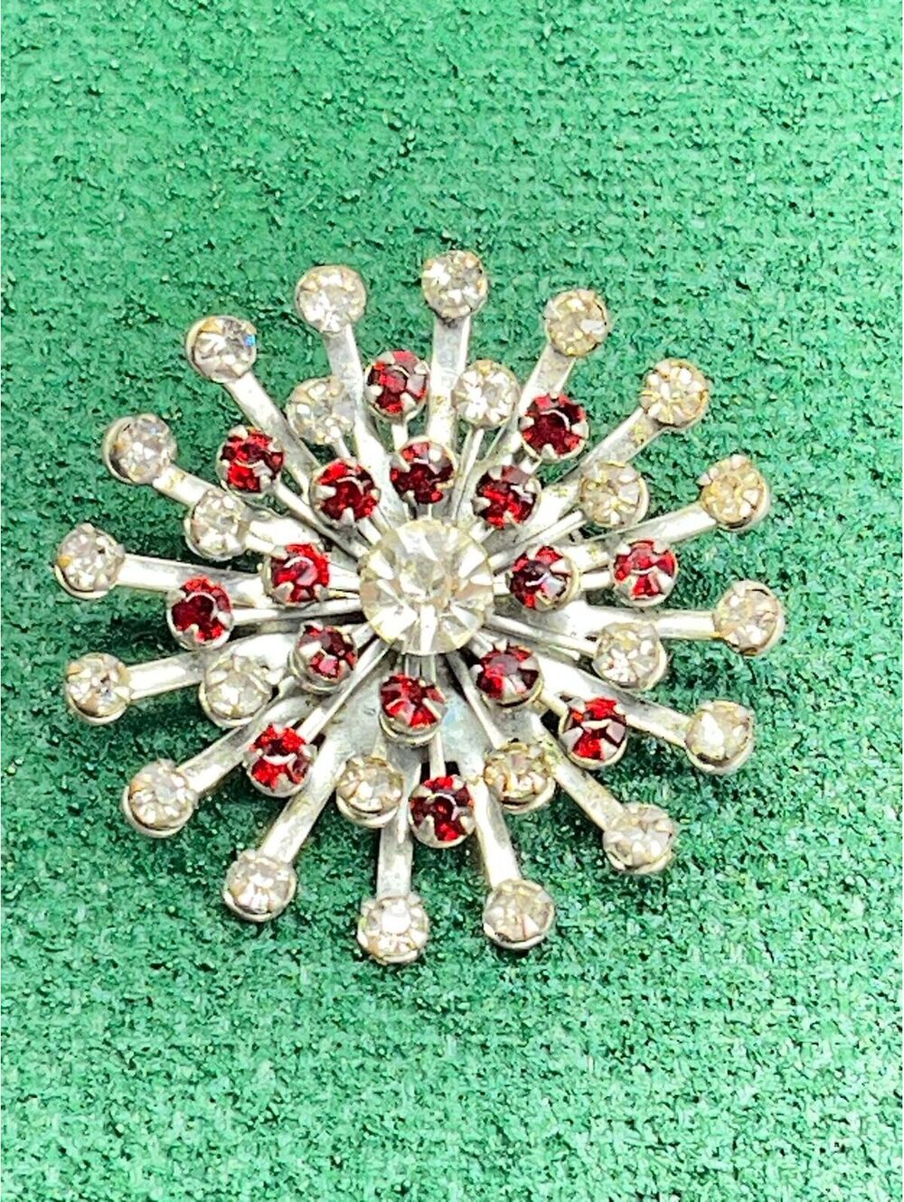 #121 1960’s Atomic Starburst Brooch Clear & Red Crystal Glass Stones